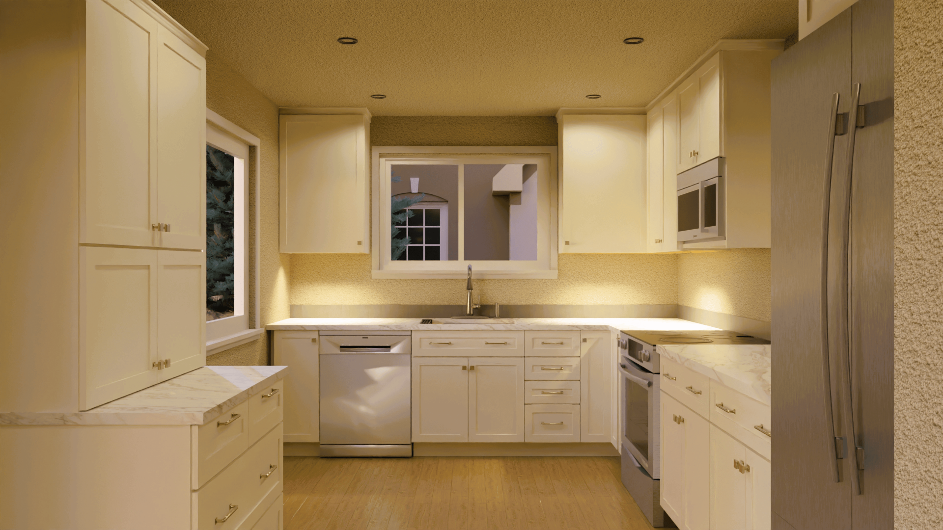 Kitchen with white cabinets and countertops, hardwood flooring, and stainless steel appliances