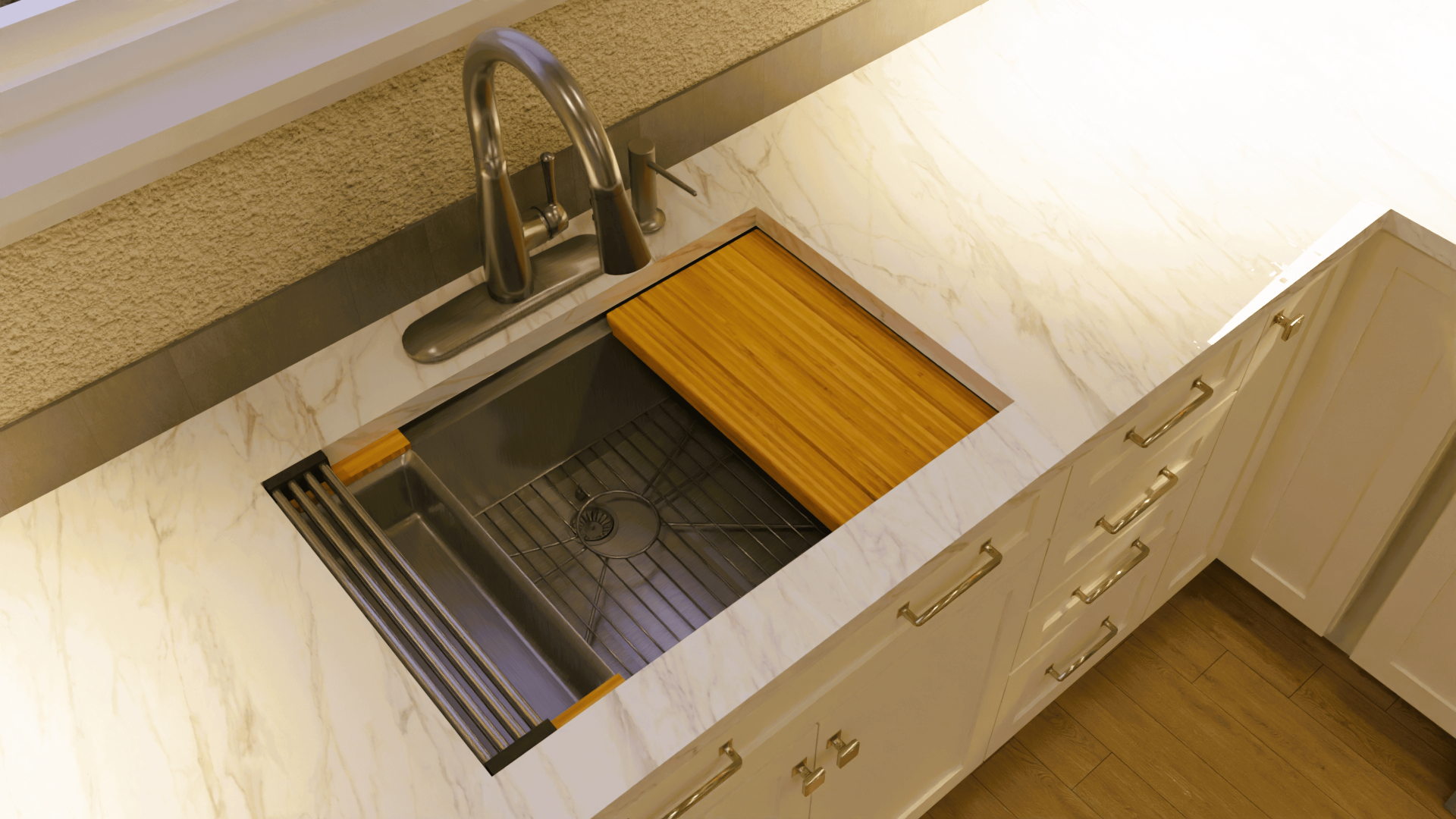 Kitchen with white cabinets and countertops, hardwood flooring, and stainless steel appliances